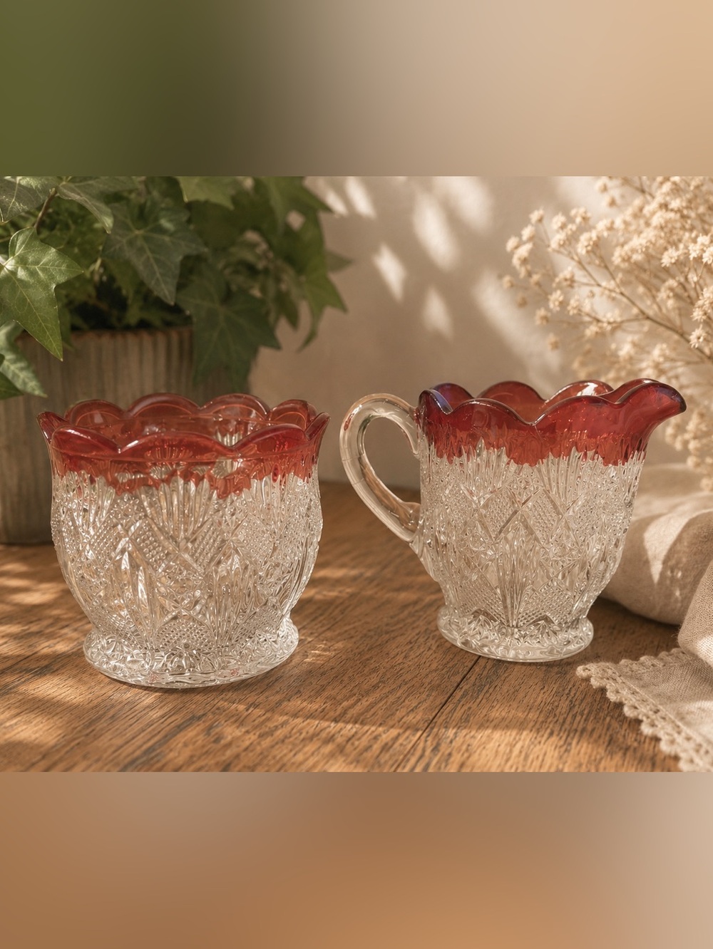 Set of two pieces: sugar bowl and creamer in Ruby flash glass
